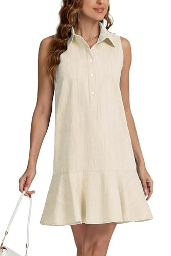 Kedera Women Button Down Dress Loose Summer Cotton Linen Dress Ruffle Hem Casual Dress Sleeveless Tunic Dress Beige | Amazon (US)