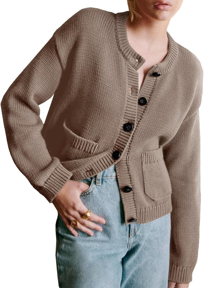 Yousify Cardigan Sweaters for Women Cropped Long Sleeve Crew Neck Button Down Sweaters Fall Winte... | Amazon (US)
