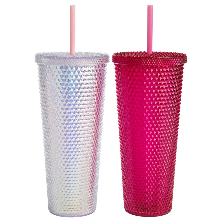 Paris Hilton 2 Pack 26oz Double Wall Diamond Textured Plastic Tumblers with Straw, White Rainbow ... | Walmart (US)
