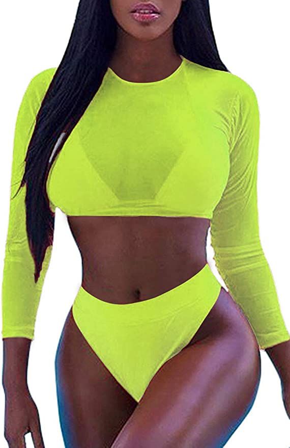 Kisscynest Women's 3 Pieces Swimsuit with Long Sleeve Mesh Shirt Coverup | Amazon (US)