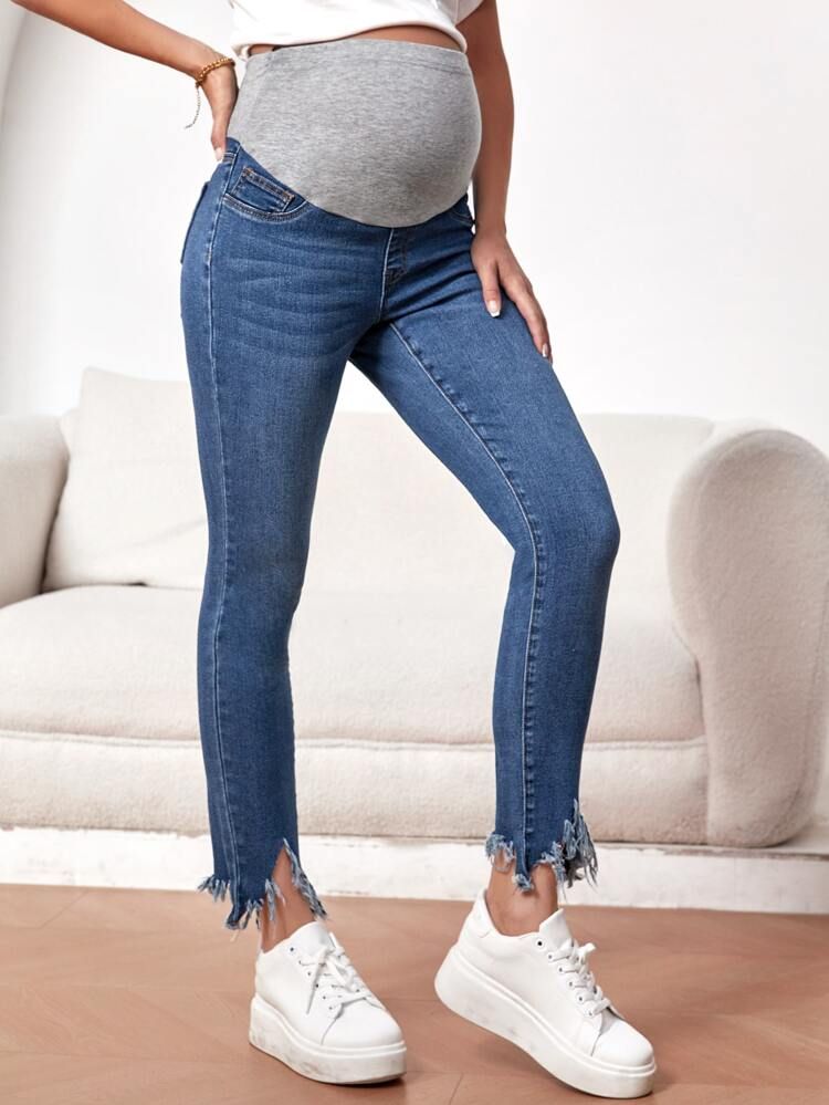 Maternity Wideband Waist Raw Cut Asymmetrical Hem Skinny Jeans | SHEIN