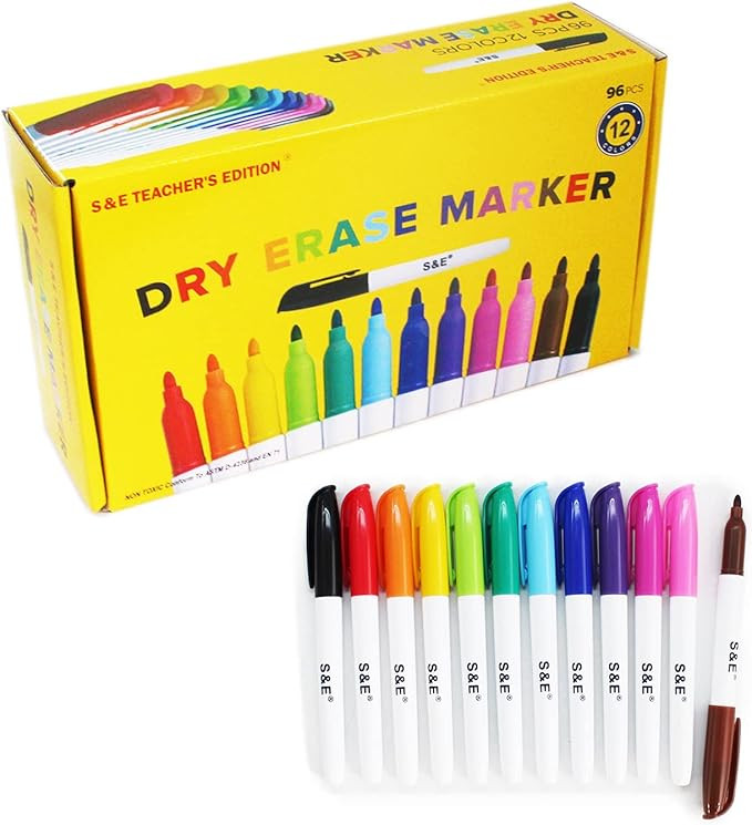 S & E TEACHER'S EDITION 96 Pcs Dry Erase Markers Colored markers for Kids 12 Assorted Colors with... | Amazon (US)