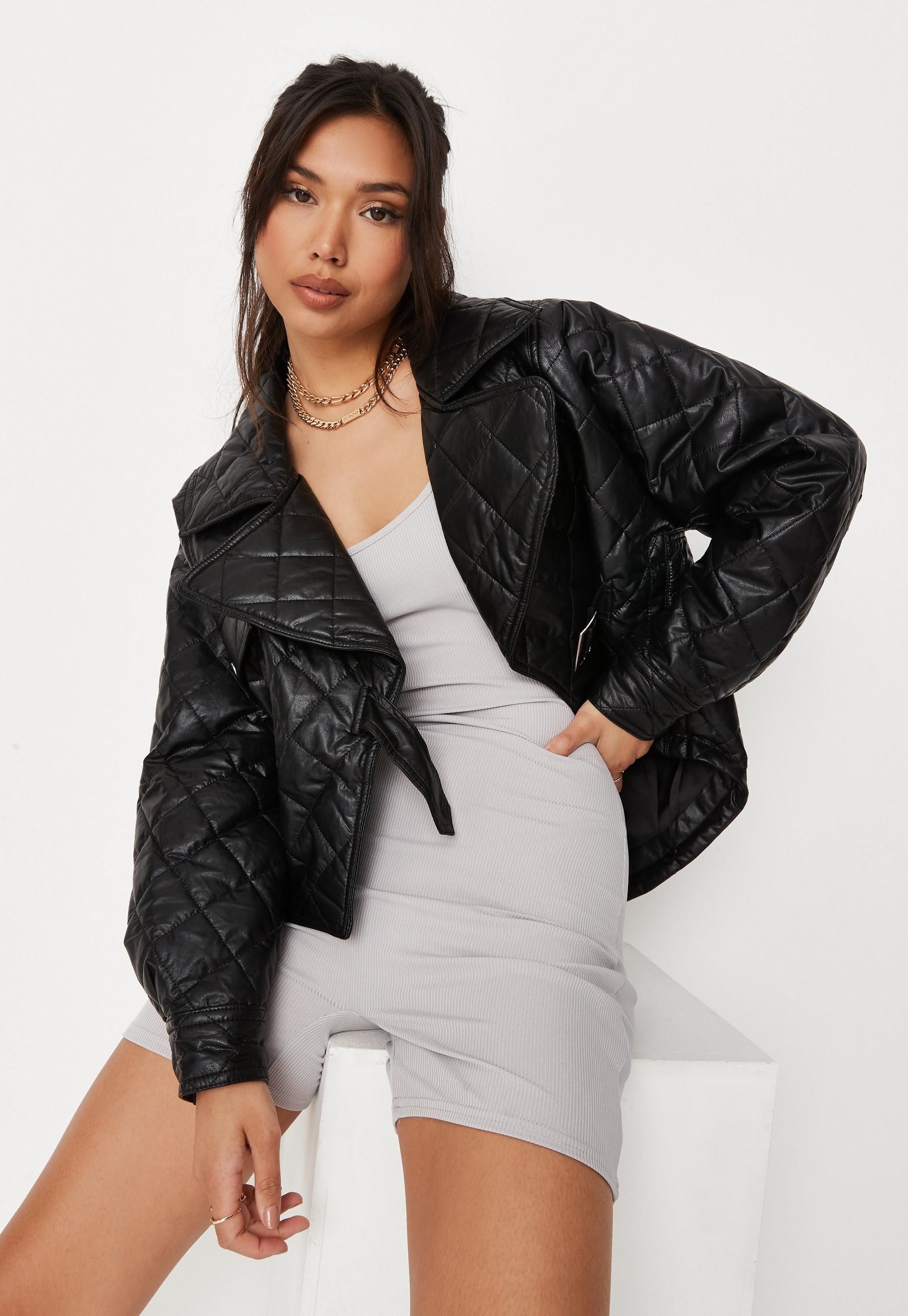 Black Faux Leather Quilted Buckled Biker Jacket | Missguided (UK & IE)