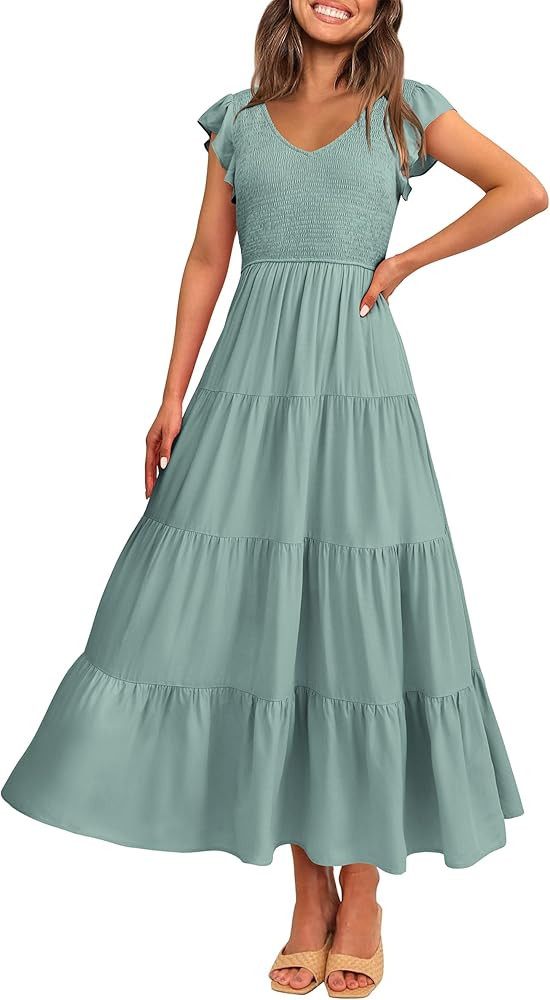 PRETTYGARDEN Women's Summer Flowy Maxi Dress Casual Cap Sleeve V Neck Smocked Beach Sundress | Amazon (US)