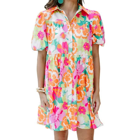 Chic Pink Floral Mini Dress with Puff Sleeves and Collared Design | Walmart (US)