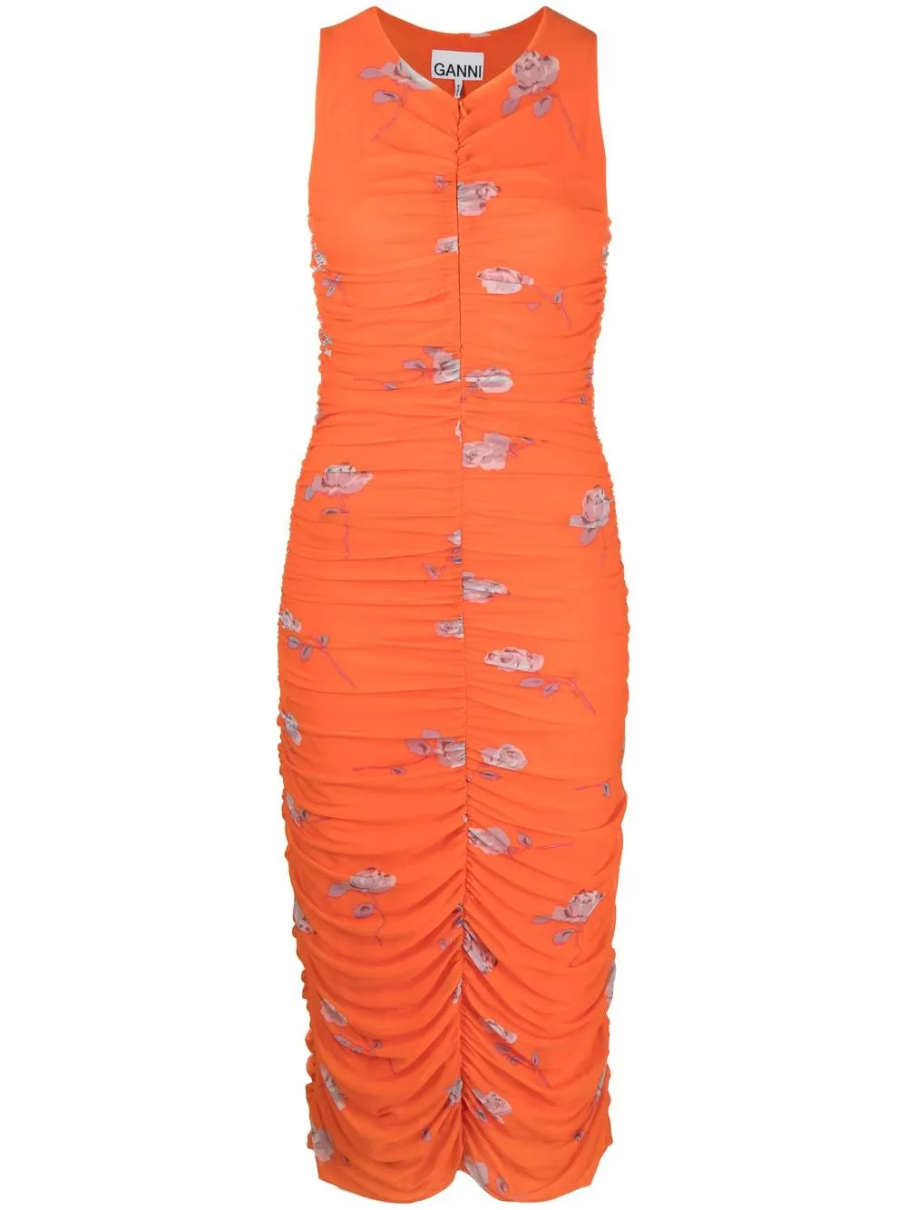 GANNI rose-print Ruched Mesh Dress - Farfetch | Farfetch Global