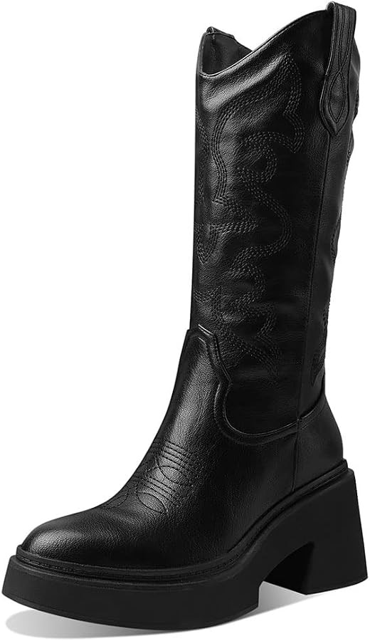 Mattiventon Mid Calf Cowgirl Boots for Women Chunky Platform Embroidery Cowboy Boots Pull on Mid ... | Amazon (US)