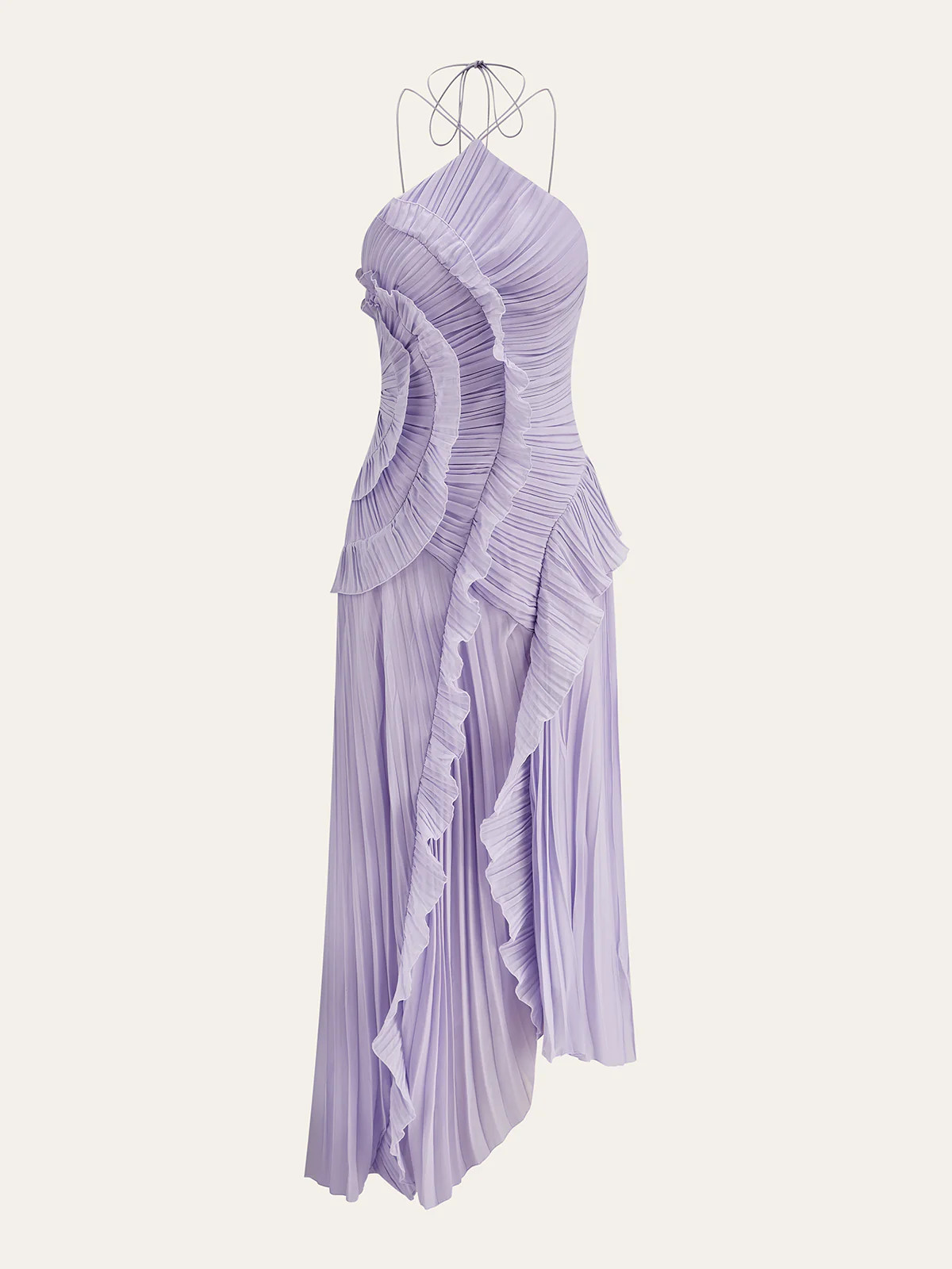 Chiffon Pleated Ruffle Halter Neck Maxi Dress | Commense