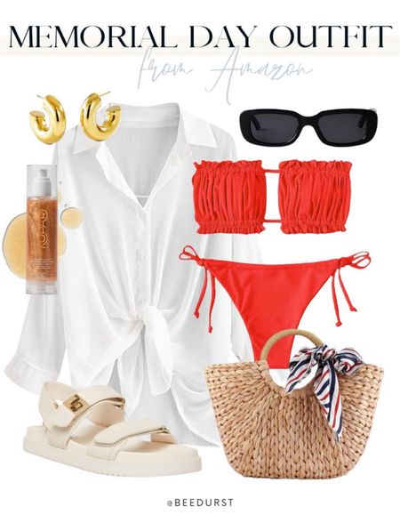 Memorial Day weekend outfits! Memorial Day looks from Amazon, Red White and Blue outfits, patriotic outfits, red swimsuit, white cover up, Memorial Day swimsuit, swimsuit coverup, summer outfit, Amazon swimsuits, sandals, vacation outfit, swimwear looks for vacation, resort wear, sunglasses, spring outfit, straw bags, affordable amazon vacation look, Miami outfit, spring beach vacation look, lake look, beach sandals, spring sandals, summer sandals

#LTKSwim #LTKFindsUnder50 #LTKStyleTip