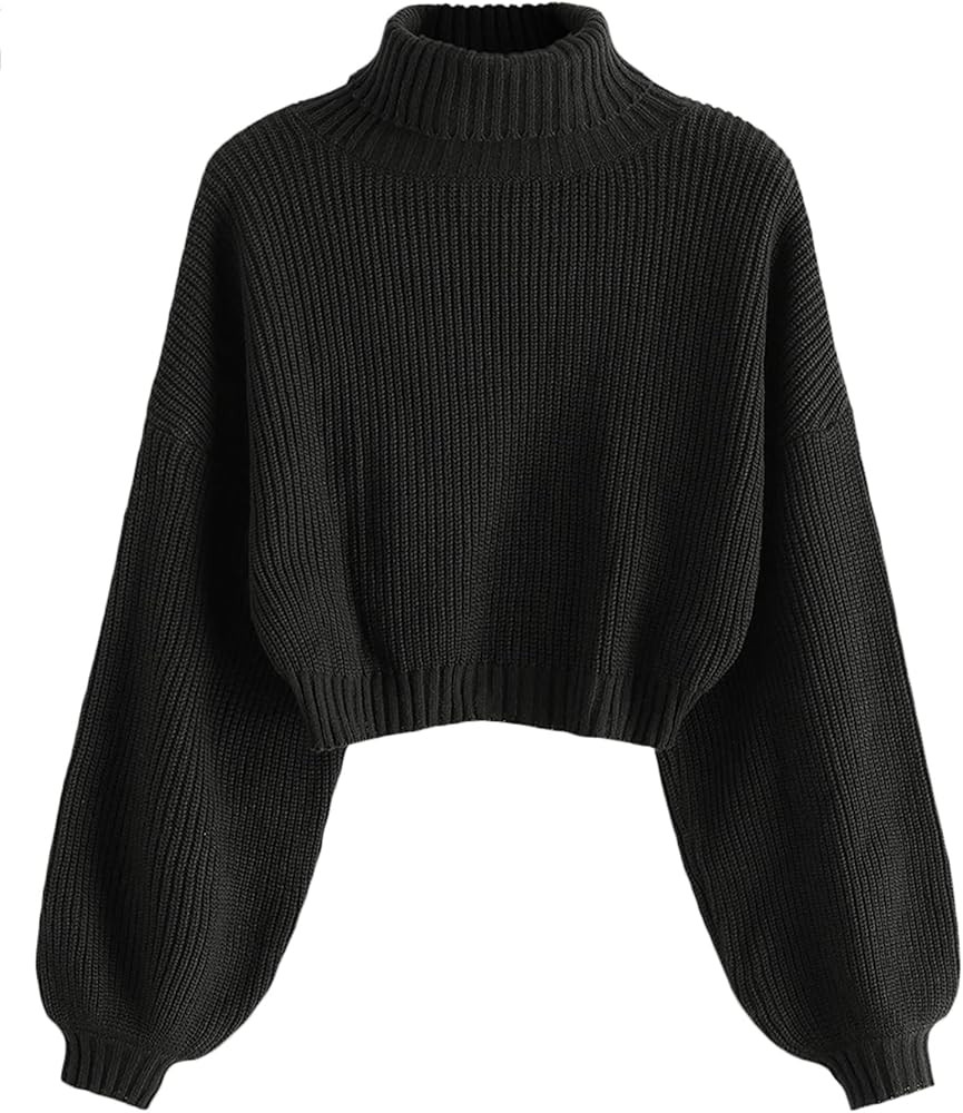ZAFUL Women's Cropped Turtleneck Sweater Lantern Sleeve Ribbed Knit Pullover Sweater Jumper | Amazon (US)