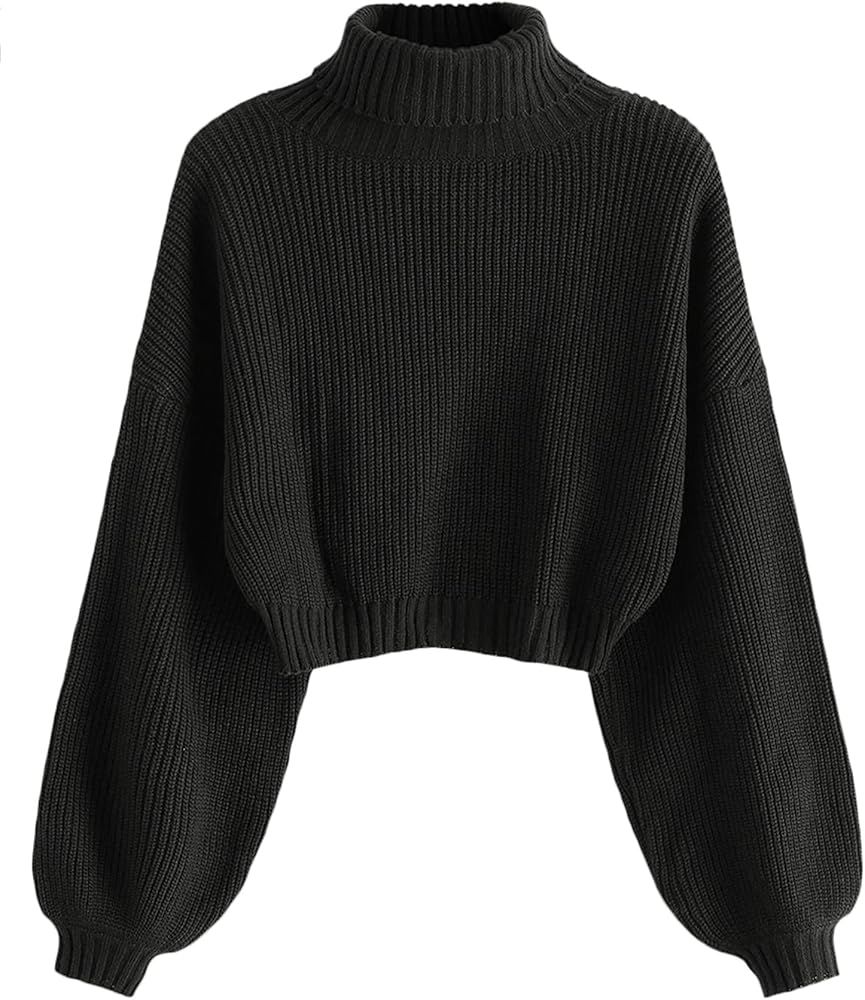 Women's Cropped Turtleneck Sweater Lantern Sleeve Ribbed Knit Pullover Sweater Jumper | Amazon (US)