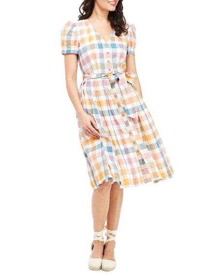 Gal Meets Glam Collection Checkered Button-Down Short-Sleeve Fit-and-Flare Dress | Neiman Marcus