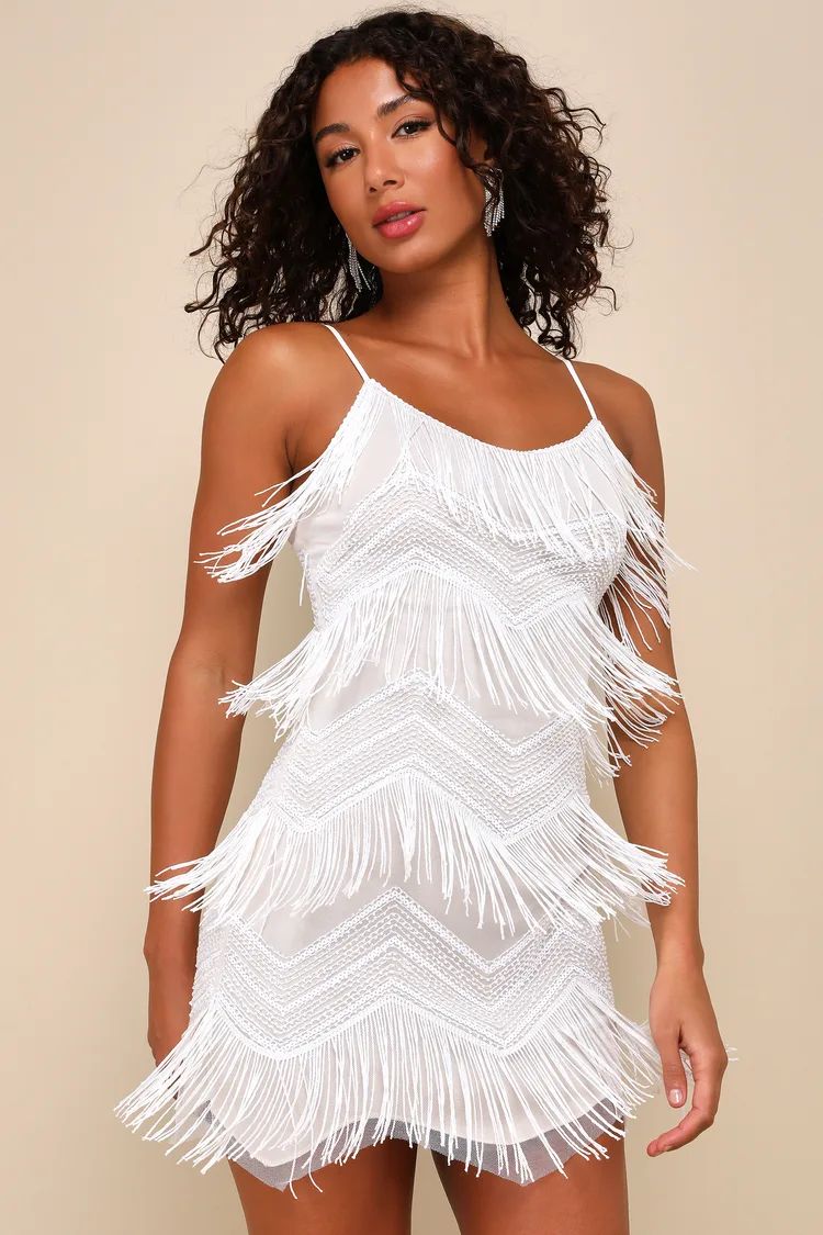 Shake It Off White Sequin Fringe Sleeveless Mini Dress | Lulus