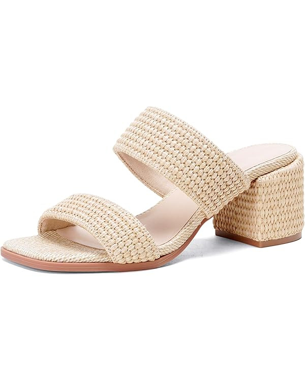 Raffia Heeled Sandals for Women Two Strap Raffia Sandals Square Open Toe Slip On Mules Block Chun... | Amazon (US)