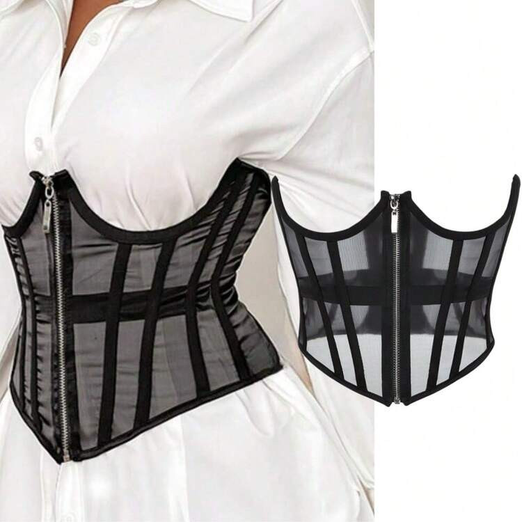 1pc Women's Short Zipper Corset Waist Belt, Mesh Breathable Waist Cincher, Suitable For Halloween, Party Outfits | SHEIN