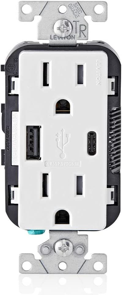 Leviton T5633-W 15-Amp Type A & Type-C USB Charger/Tamper Resistant Outlet, Not for Laptops, Whit... | Amazon (US)