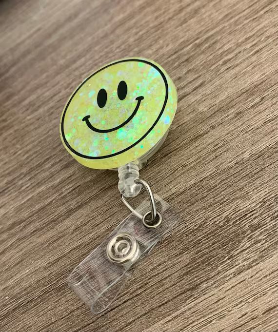 Smiley Face Glitter Badge Reel Retractable Badge Yellow - Etsy | Etsy (US)