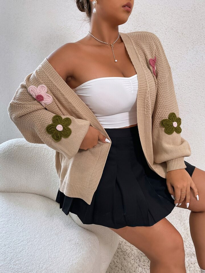 SHEIN Qutie Plus Floral Patched Drop Shoulder Duster Cardigan | SHEIN