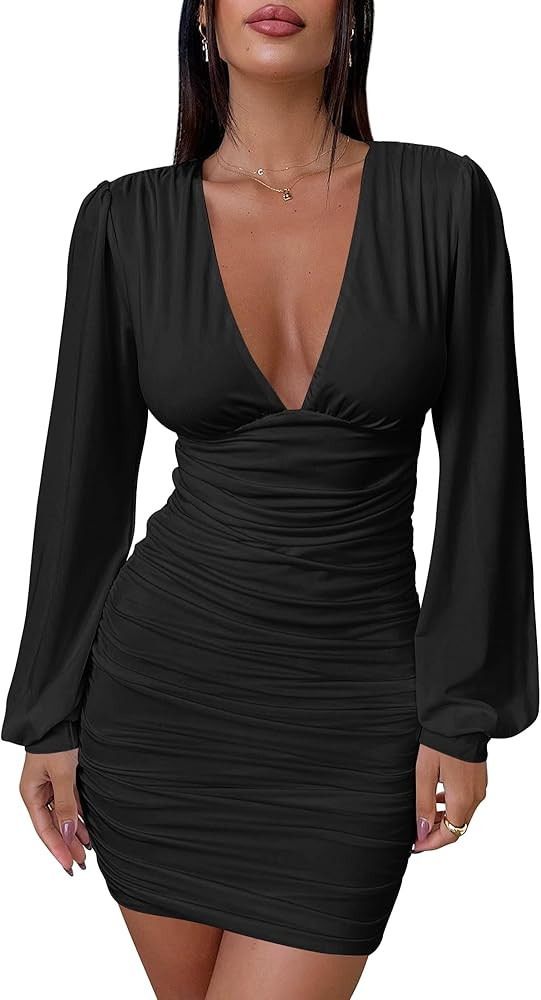 Mokoru Women's Sexy Ruched Bodycon Long Sleeve V Neck Mini Party Cocktail Dress | Amazon (US)