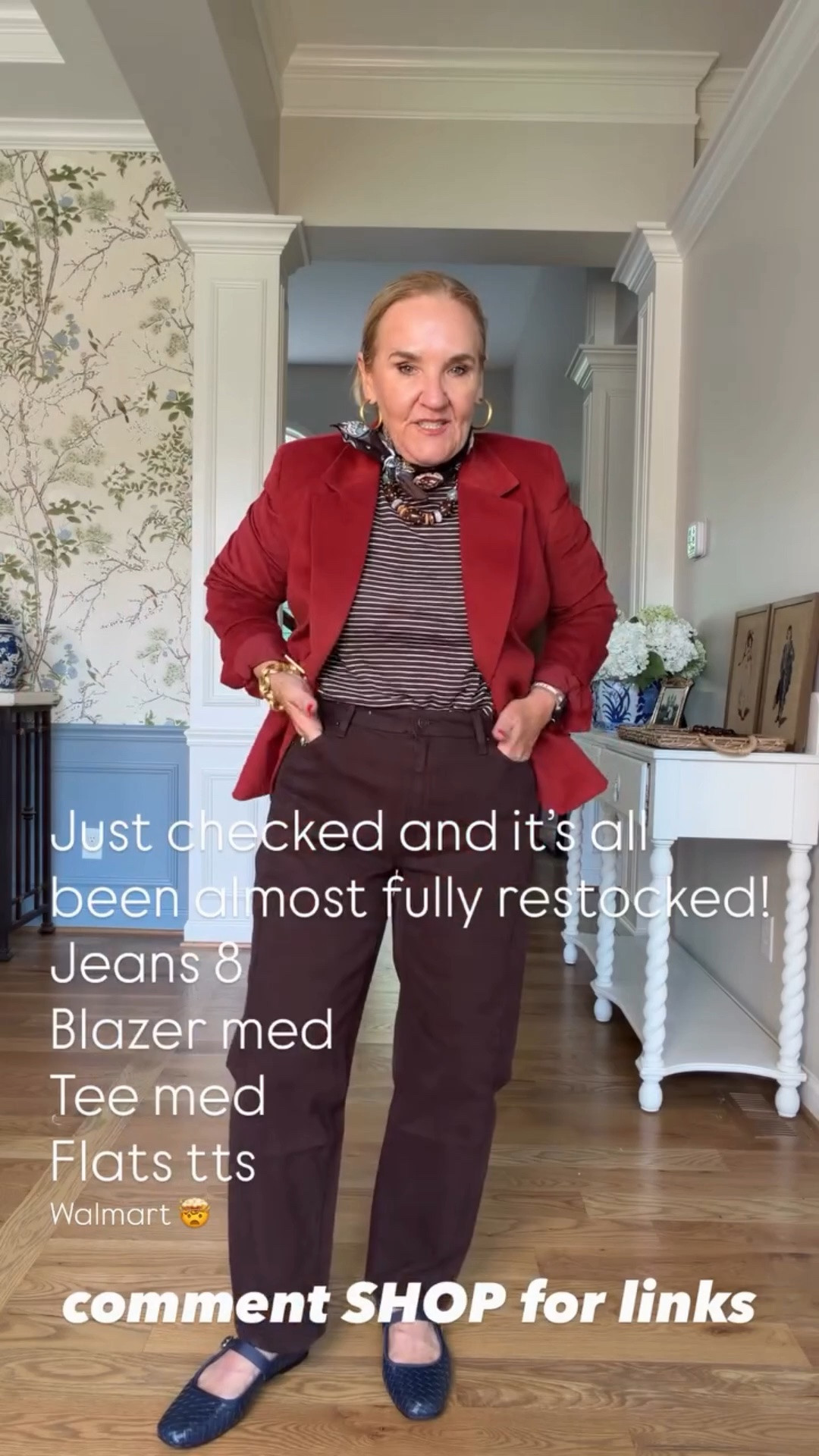 Just checked and it’s all been almost fully restocked! 
Jeans 8
Blazer med 
Tee med 
Flats tts  comment SHOP for links  Walmart 🤯