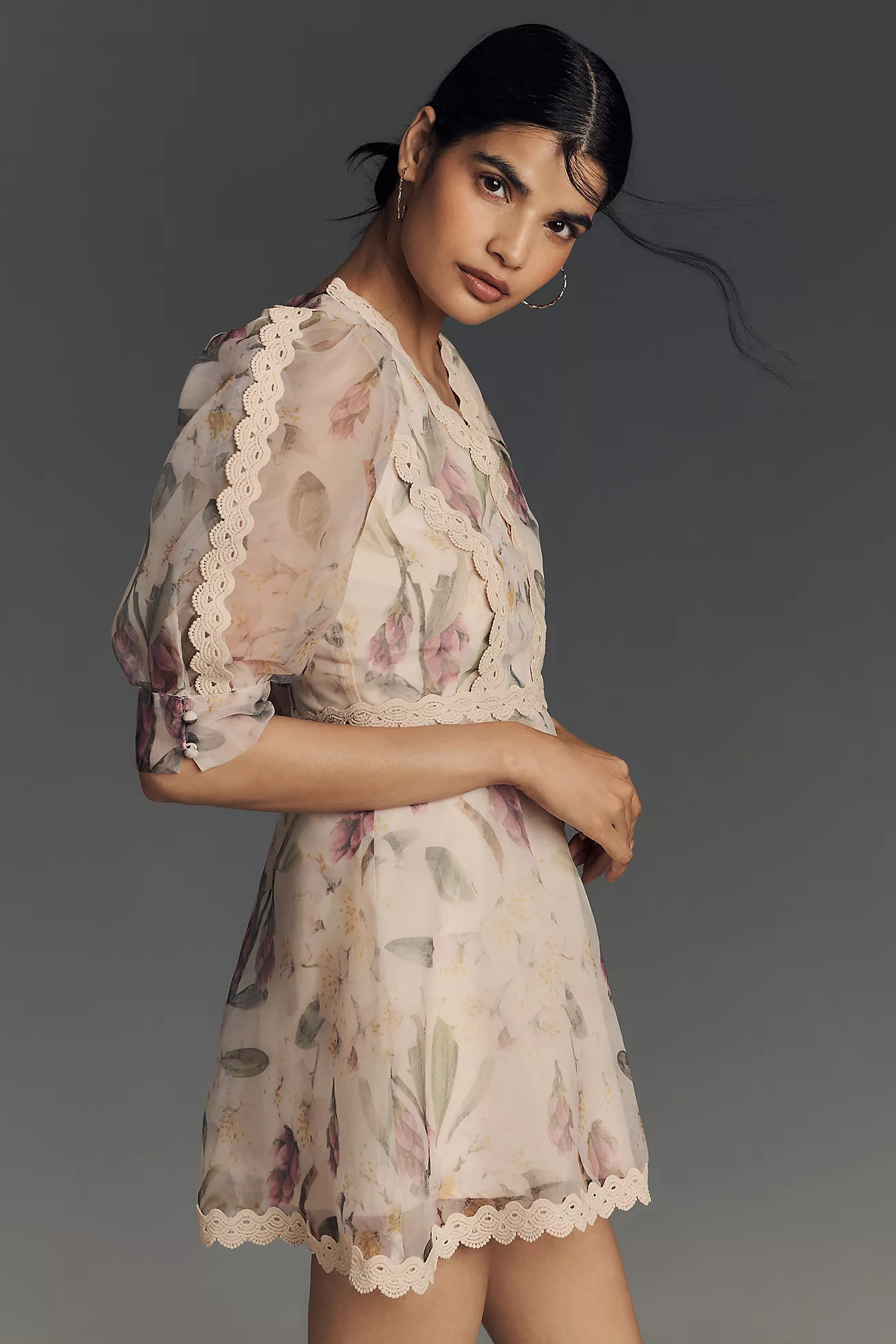 Arose Studio Alkia Puff-Sleeve Lace-Trim Mini Dress | Anthropologie (US)