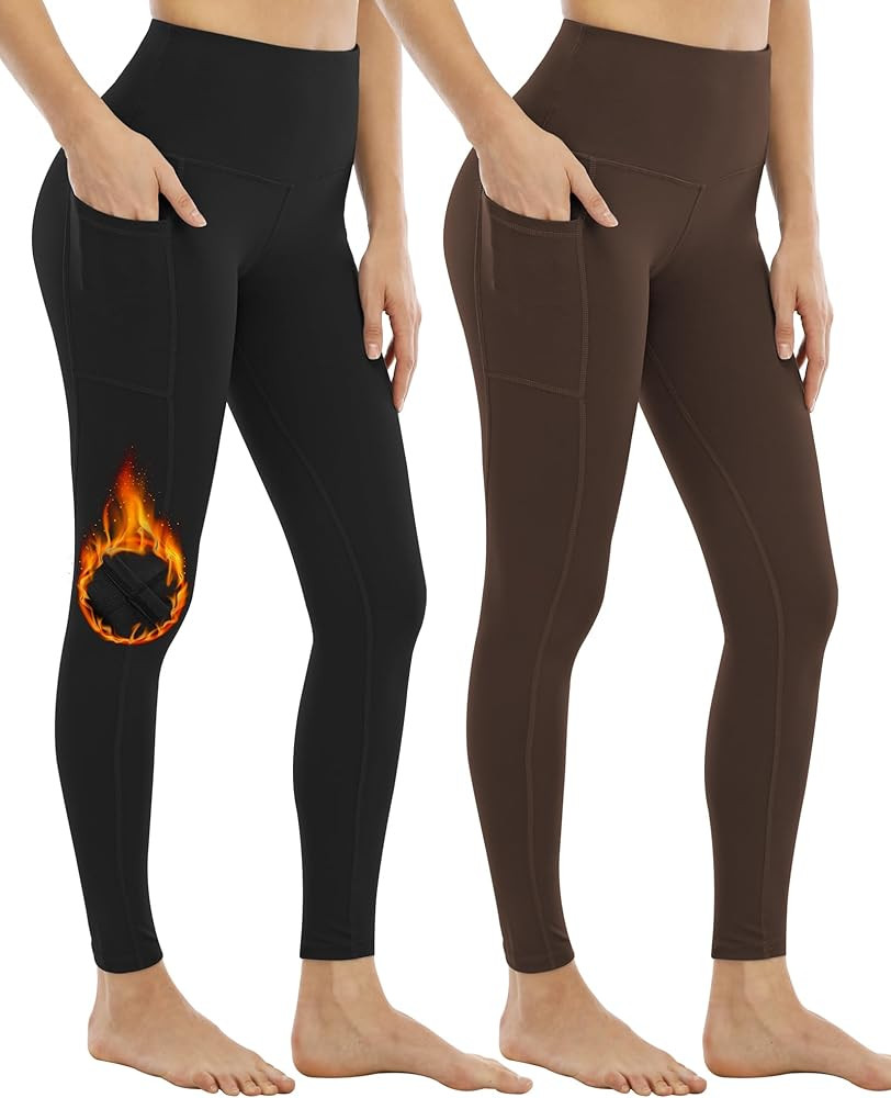 YEZII 2 Pack Fleece Lined Leggings with Pockets for Women,High Waisted Winter Yoga Pants | Amazon (US)