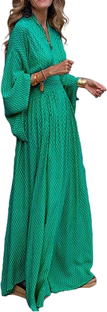 ZOCANIA Women Long Bat Sleeve Maxi Dress Geometry Print V Neck Waist Large Hem Flowy Fall Swing D... | Amazon (US)