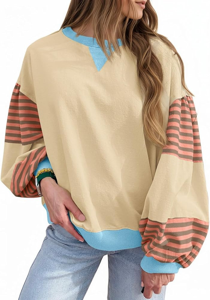 Fisoew Womens Color Block Oversized Sweatshirt Casual Lantern Long Sleeve Crewneck Striped Pullov... | Amazon (US)