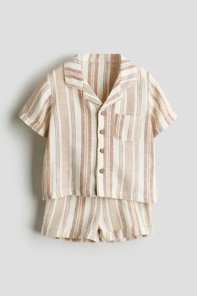 2-piece Linen Set - Short sleeve - White/beige striped - Kids | H&M US | H&M (US + CA)