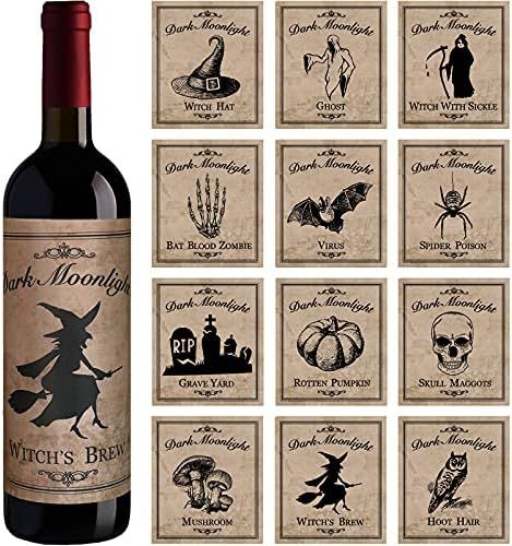 Perkoop 12 Pieces Halloween Wine Bottle Labels Halloween Beer Bottle Labels Sticker Waterproof Wine  | Amazon (US)