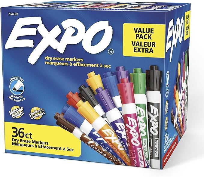 EXPO Low-Odor Dry Erase Markers, Chisel Tip, Assorted Colors, 36 Pack | Amazon (US)