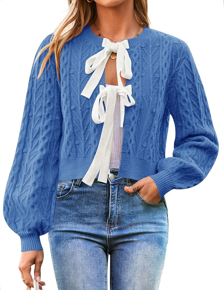 ZESICA Women's Cardigan Sweaters 2024 Fall Winter Long Sleeve Tie Front Cable Knit Chunky Cropped... | Amazon (US)