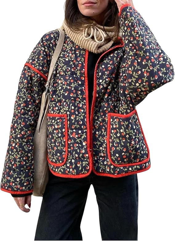 Omoone Women's Cropped Quilted Jacket Floral Printed LightWeight Padded Puffer Cardigan Coat Outw... | Amazon (US)