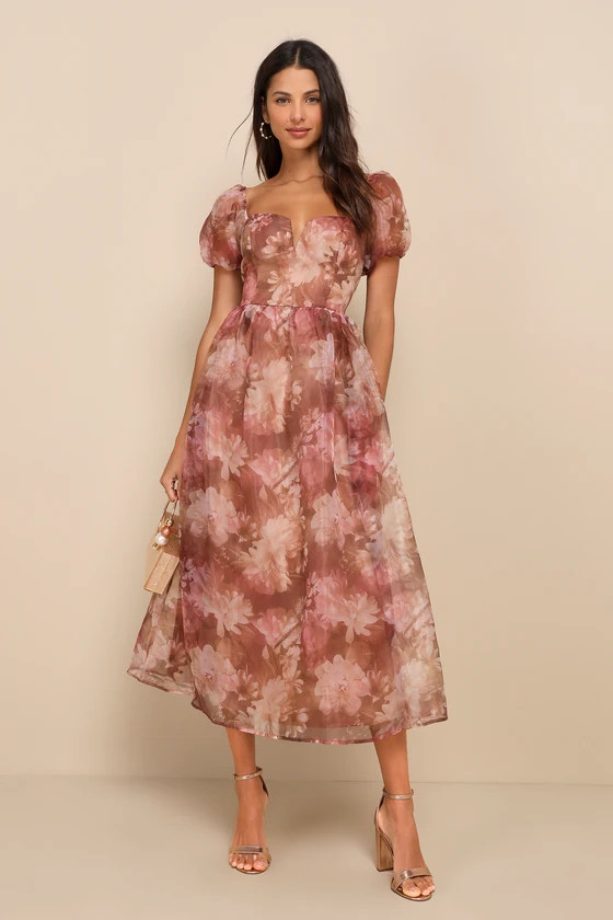 Lovely Statement Light Brown Floral Organza Tie-Back Midi Dress | Lulus (US)