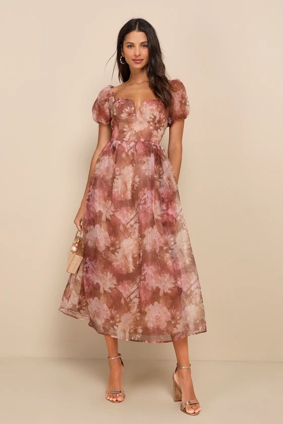 Lovely Statement Light Brown Floral Organza Tie-Back Midi Dress | Lulus