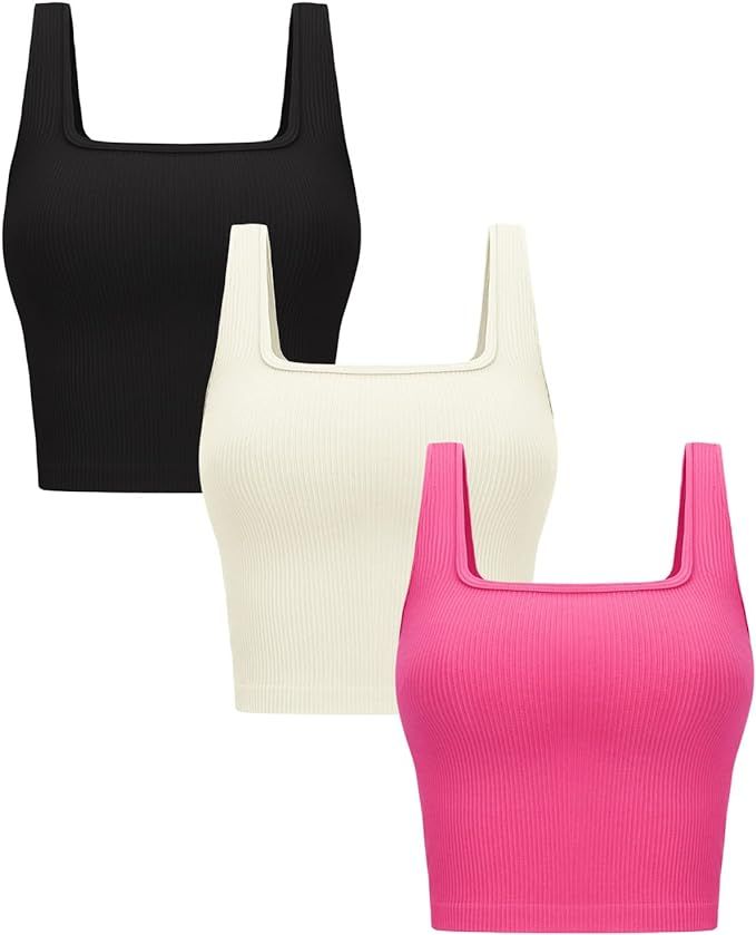 OLCHEE Womens 3 Pack Crop Tank Tops Basic Seamless Ribbed Sleeveless Square Neck Workout Top Summ... | Amazon (US)