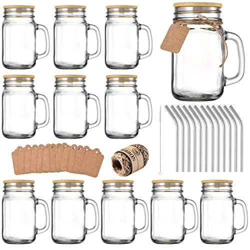 TANGLONG 16 oz Mason Jars with Handle, Mason Jar Cups, Glass Cups with Lids and Straws, Drinking Glasses Set of 12 | Amazon (US)