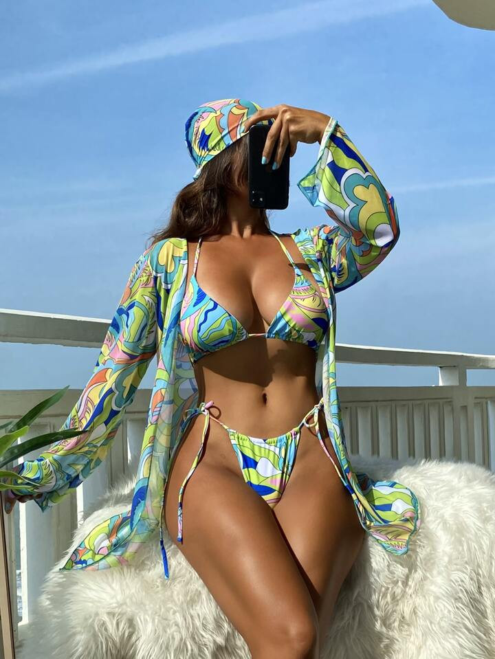 SHEIN VCAY Summer Beach Allover Print Bikini Set Triangle Bra & & Tie Side Thong Bottom & Cover U... | SHEIN