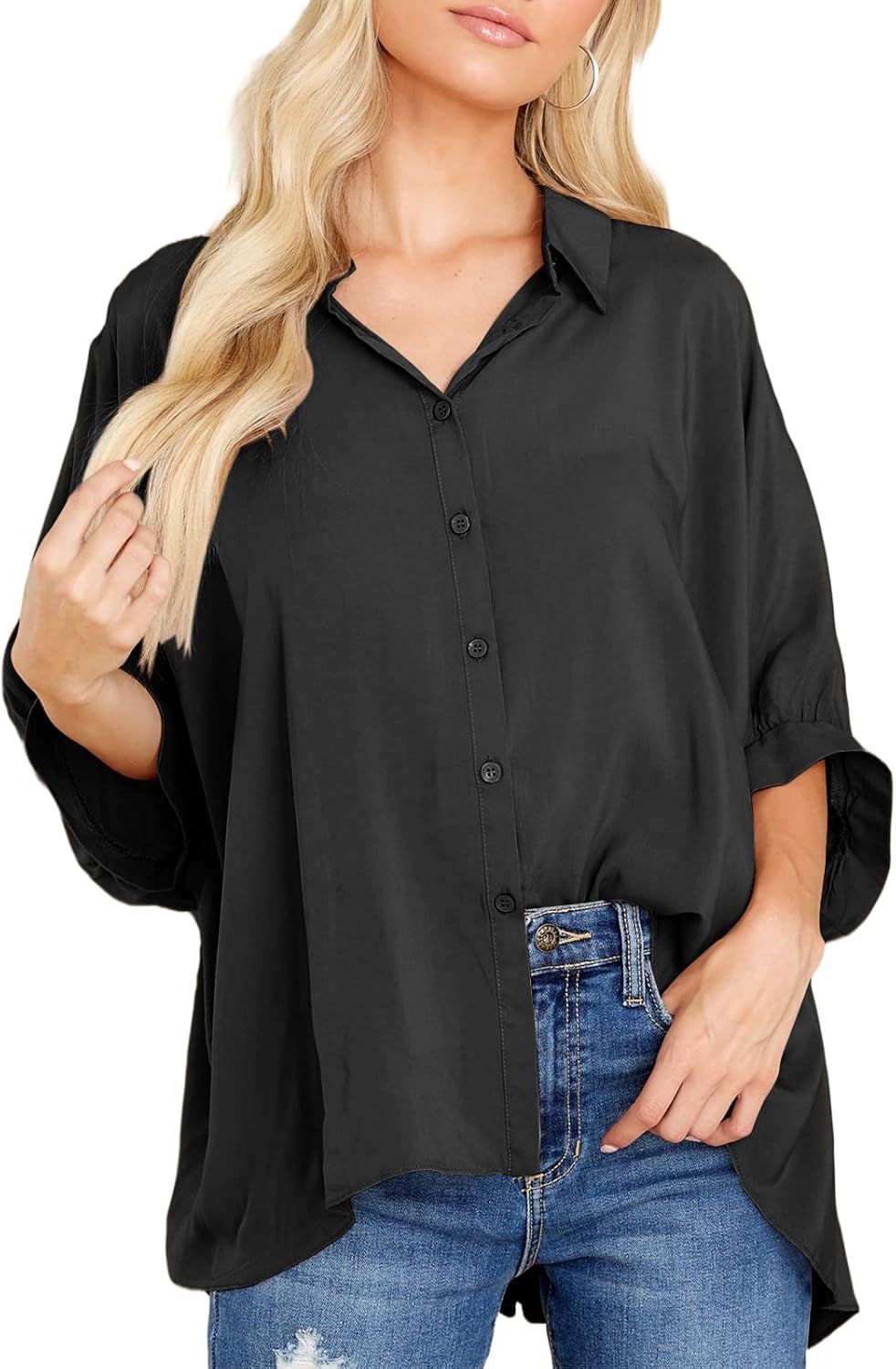 Midusany Womens Button Down V Neck Shirts 3/4 Bat Sleeve Solid Blouse Loose Casual Oversized Clas... | Amazon (US)