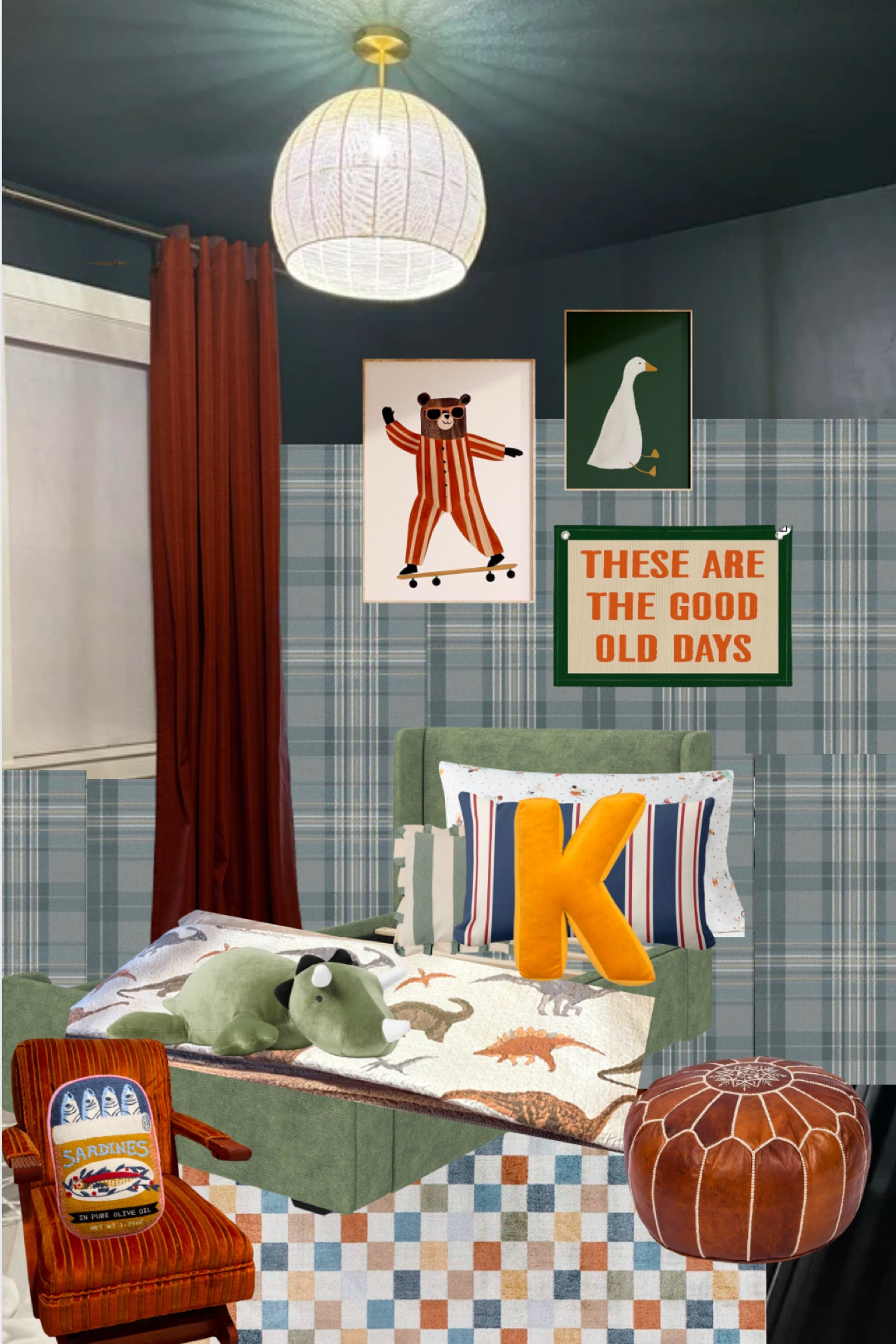 Our 4 year old’s big boy room mood board. The curtains are the color Teracotta. The Dino quilt is thrifted. The orange mini rocker is vintage thrifted. The wallpaper is the color light blue. The paint color is mount etna from sherwin Williams // Moody ceiling accent ceiling blue plaid wall paper // fun boys room // eclectic boys room 

#LTKFindsUnder50 #LTKHome