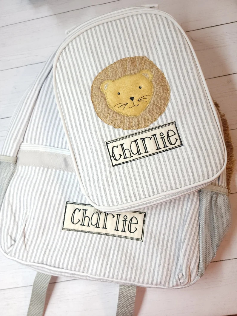 Grey Seersucker Backpack Applique Lion Seersucker Backpack - Etsy | Etsy (US)