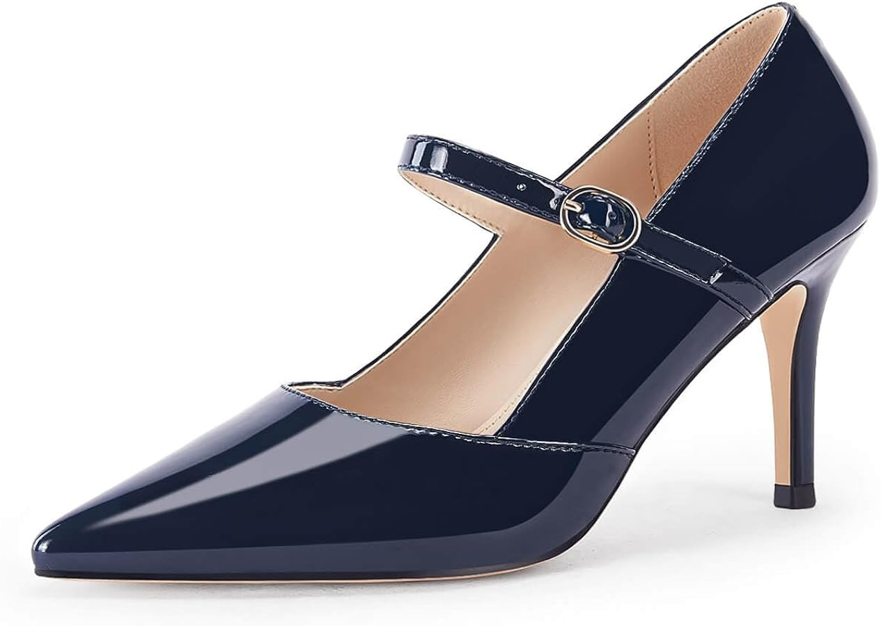 Coutgo Womens Mary Jane Pumps Stiletto High Heels Closed Pointed Toe Buckle Strap Patent Leather ... | Amazon (US)