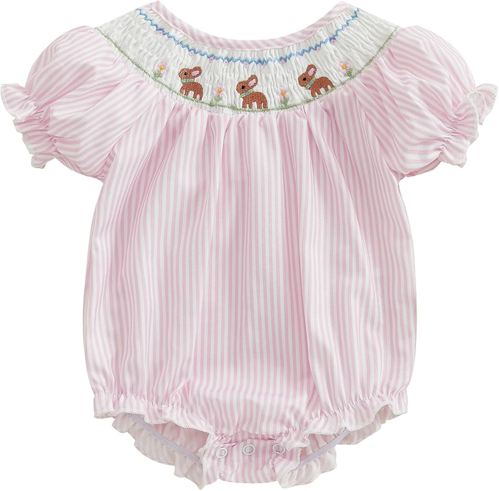 Baby Girl Easter Outfit Bunny Embroidery Smocked Bubble Romper Ruched Bodysuit Jumpsuit My First ... | Amazon (US)