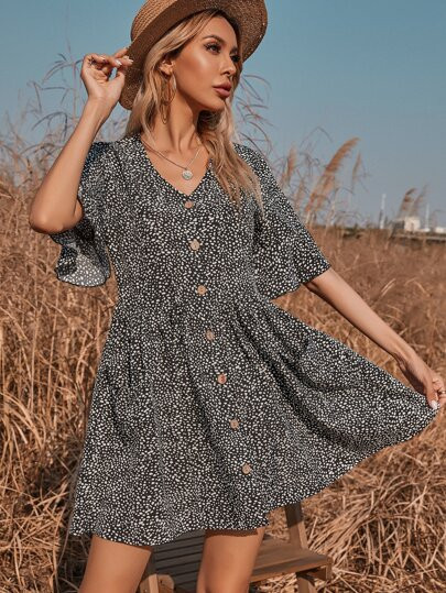 Allover Print Button Front Babydoll Dress | SHEIN