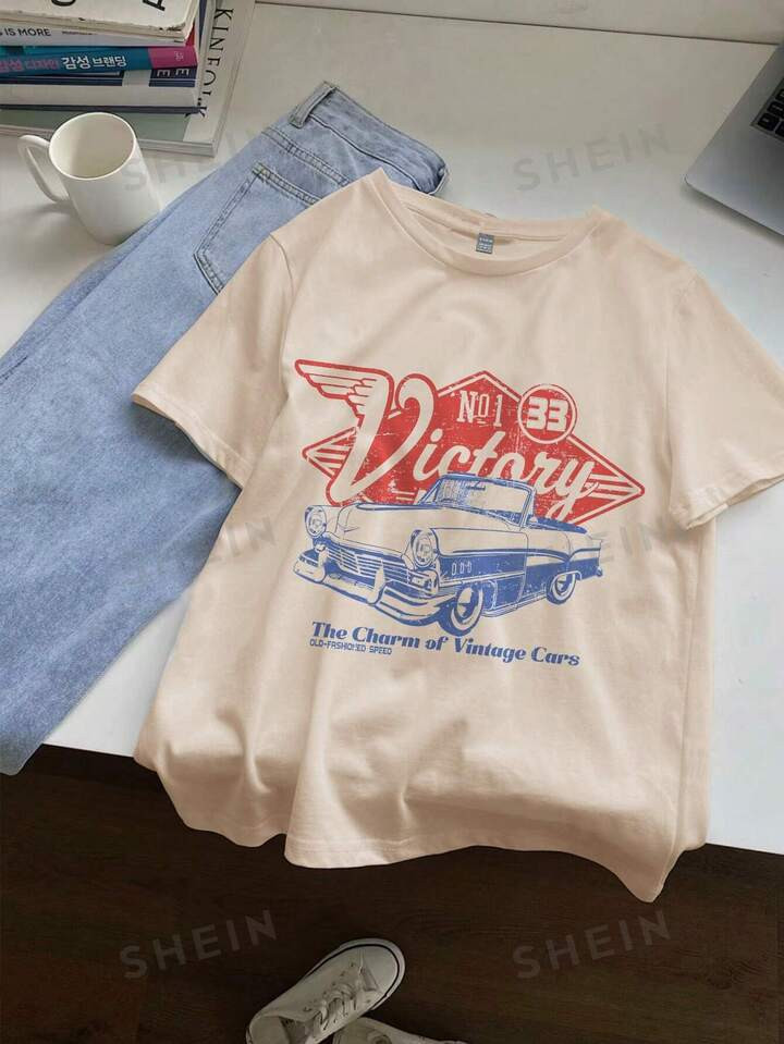 SHEIN EZwear Casual Vintage Car Printed Round Neck Short Sleeve Women T-Shirt, Suitable For Summe... | SHEIN