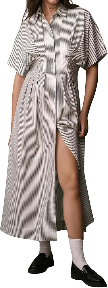 Women’s Button Front Pleated Shirt Maxi Dress Short Sleeve Collar Striped Summer Casual Long Sw... | Amazon (US)