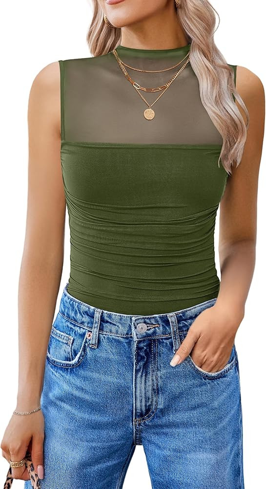 Avidlove Women's Mock Neck Mesh Bodysuit Ruched Tank Body Suits Top Sheer One Piece Going Out Top... | Amazon (US)