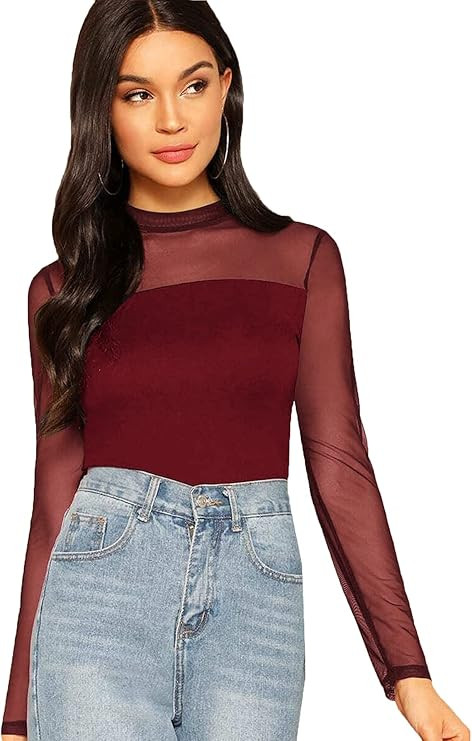 SweatyRocks Women's Mock Neck Long Sleeve Mesh Insert Elegant Blouse Tops | Amazon (US)