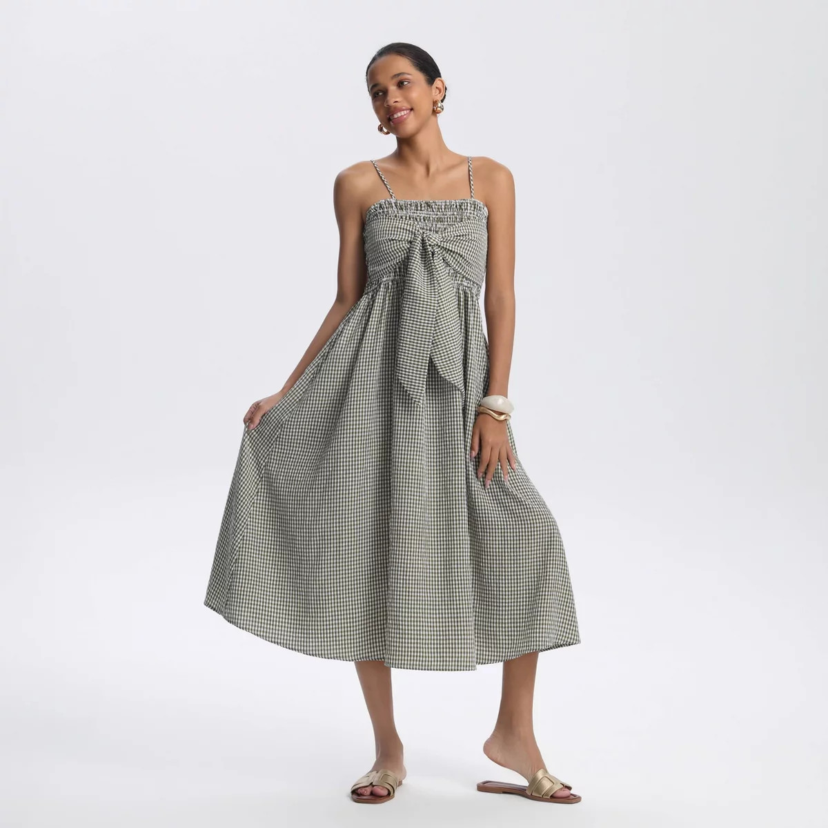 Women's Smocked Bodice Midi Sundress - A New Day™ Green Gingham M | Target