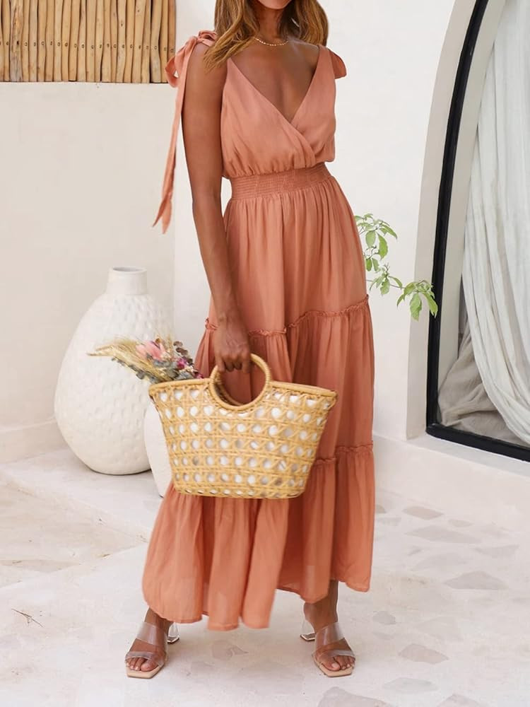 PRETTYGARDEN Women's Cross Neck Summer Sleeveless Tiered Maxi Dress Beach Tie Strap Smocked Long Dre | Amazon (US)